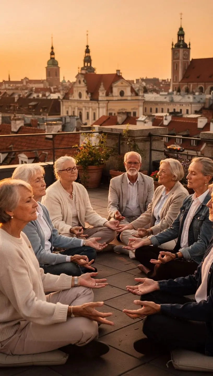 Sieviete veic jogas pozas, koncentrējoties uz elpošanu un iekšējo mieru.