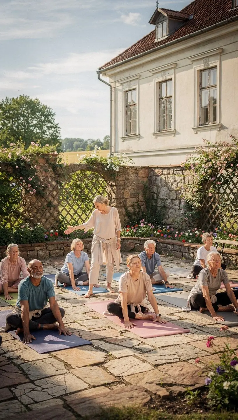 Pensionāri apgūst jogas tehnikas, lai uzlabotu fizisko un garīgo labklājību.