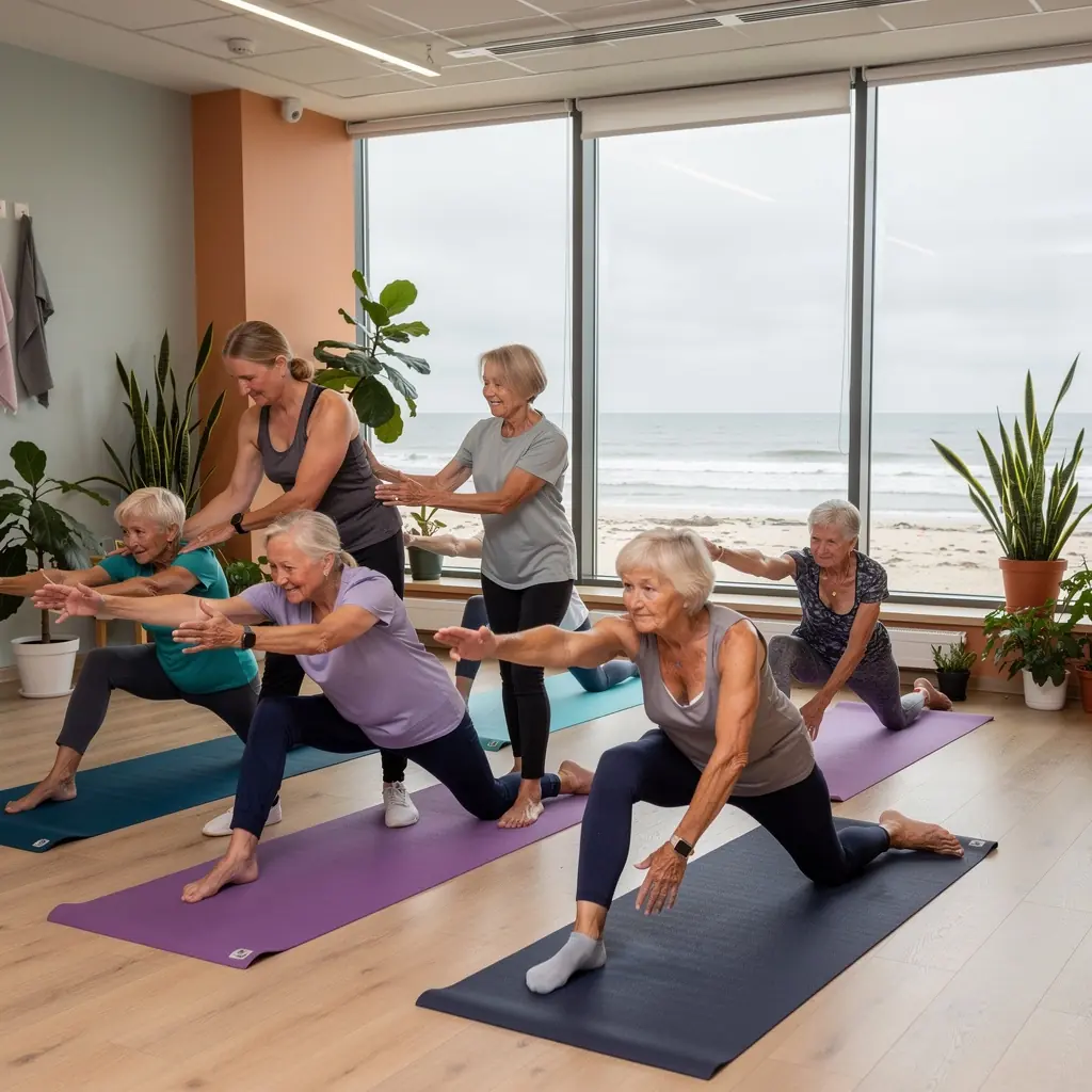 Vecāka gadagājuma cilvēki nodarbojas ar jogu parkā saulainā dienā.